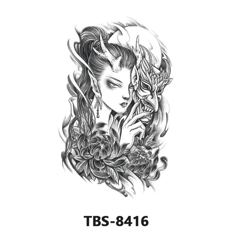 Waterproof temporary tattoo stickers, full sleeve geisha temporary tattoo stickers, large image, black and white, color, full sleeve tattoo, 1 piece.